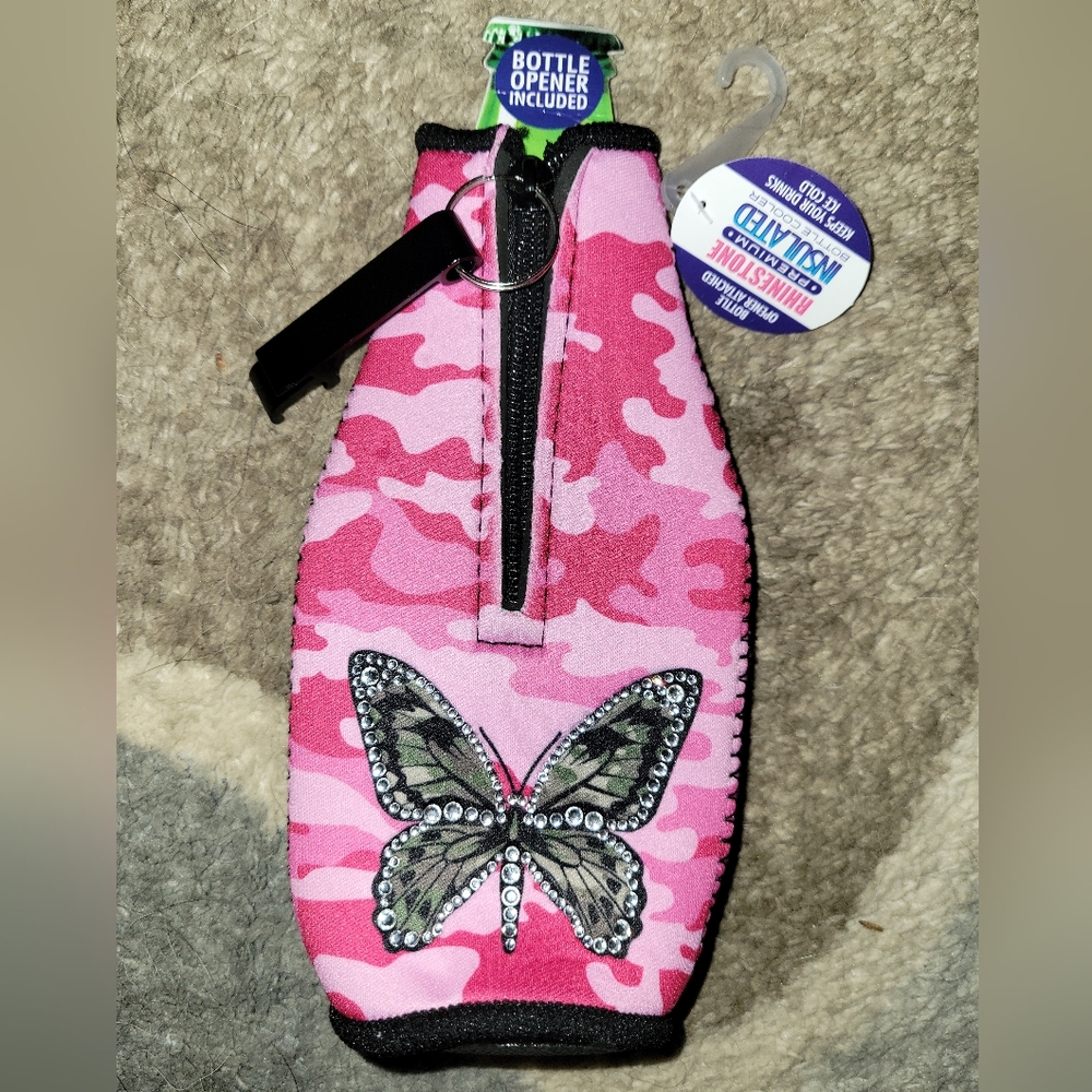Rhinestone Butterfly Pink & Green Camo Neoprene Insulated 12oz Bottle Koozie NEW
